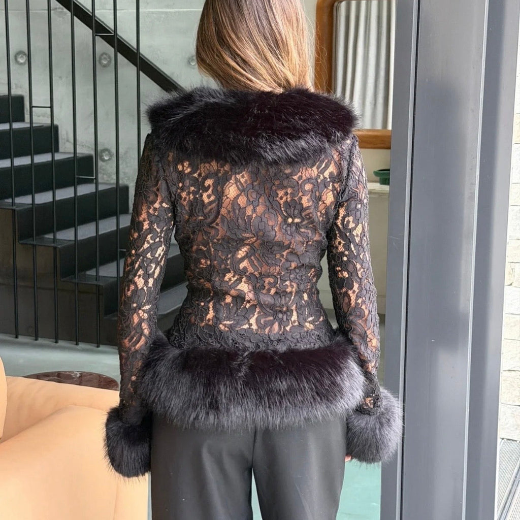 SNEAKY LINK Lace Fur Trim Top